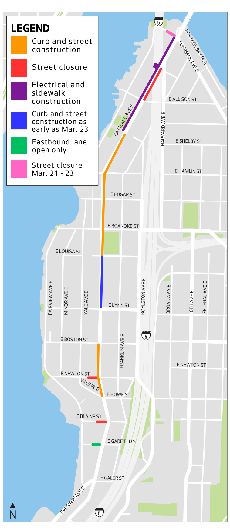 Map of construction work along Eastlake Ave E
