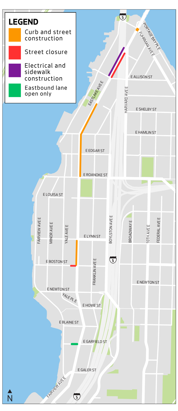 Map of construction work along Eastlake Ave E