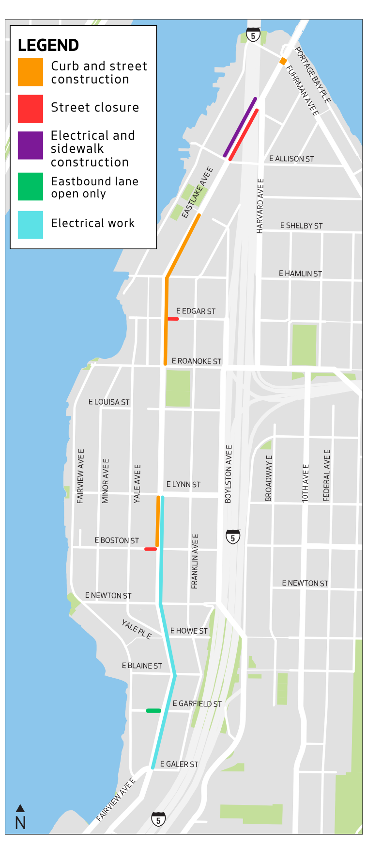 Map of construction work along Eastlake Ave E
