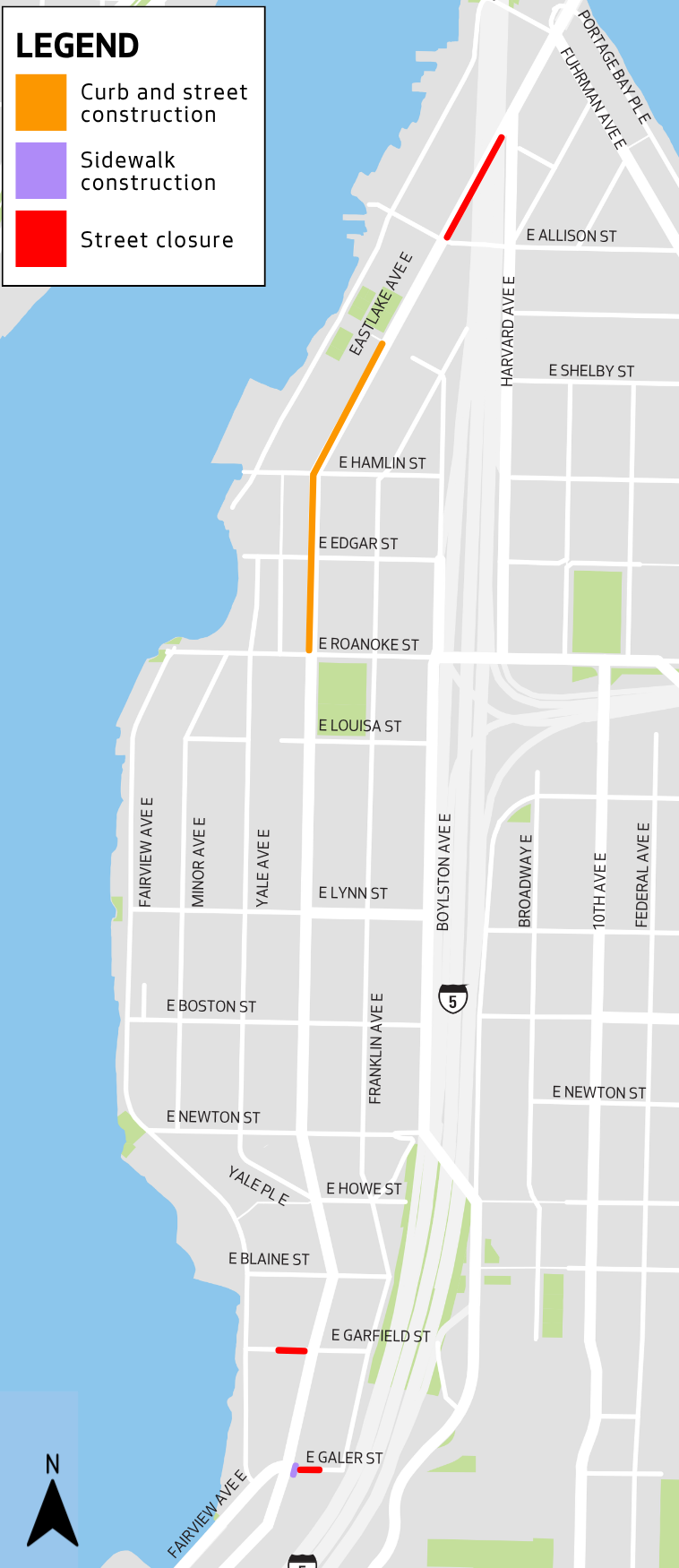 Map shows the areas along Eastlake Ave E where construction is happening. 