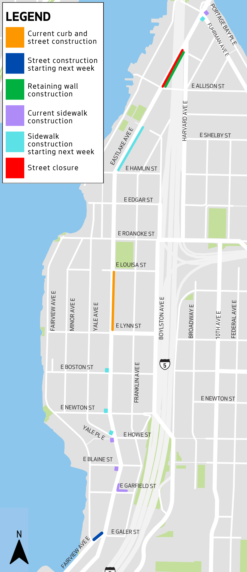 Map shows the various work zones along Eastlake Ave E 
