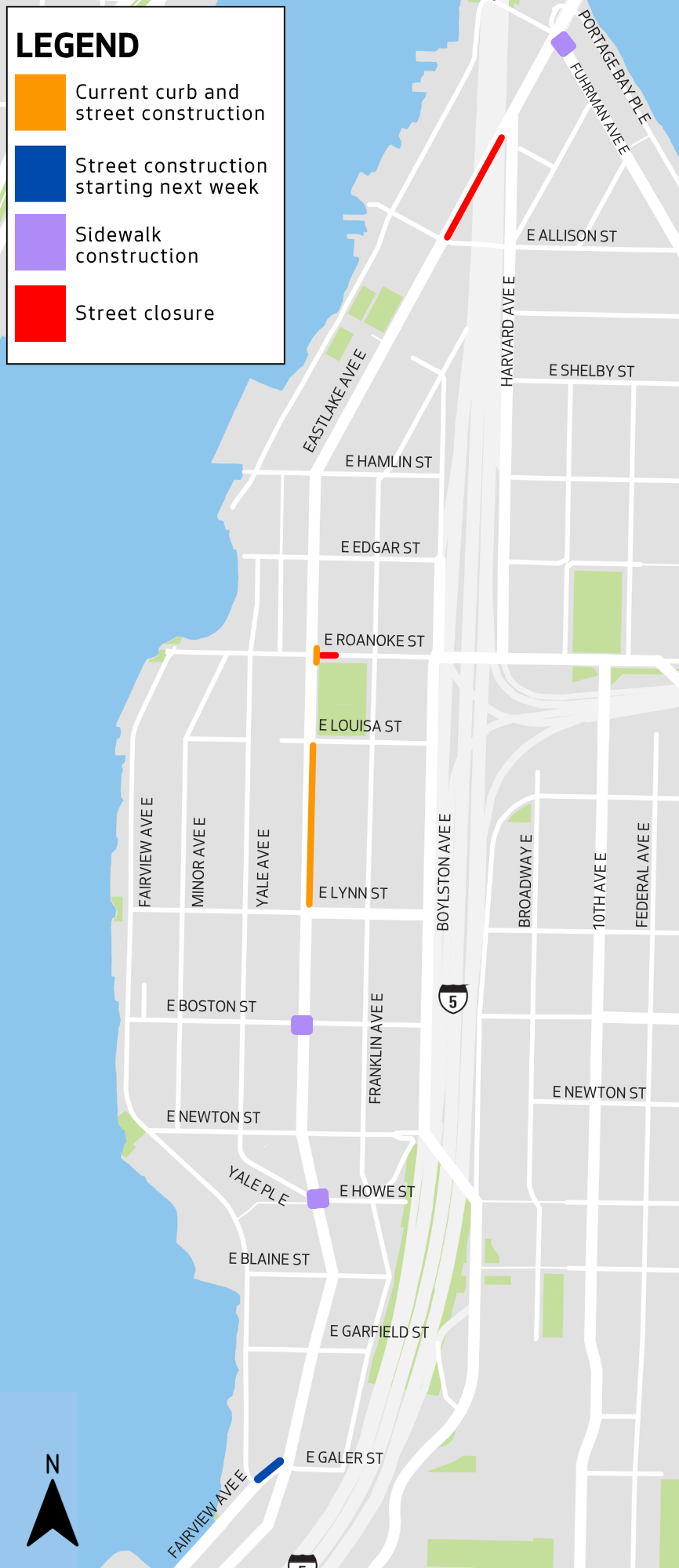 Map shows the various work zones along Eastlake Ave E 