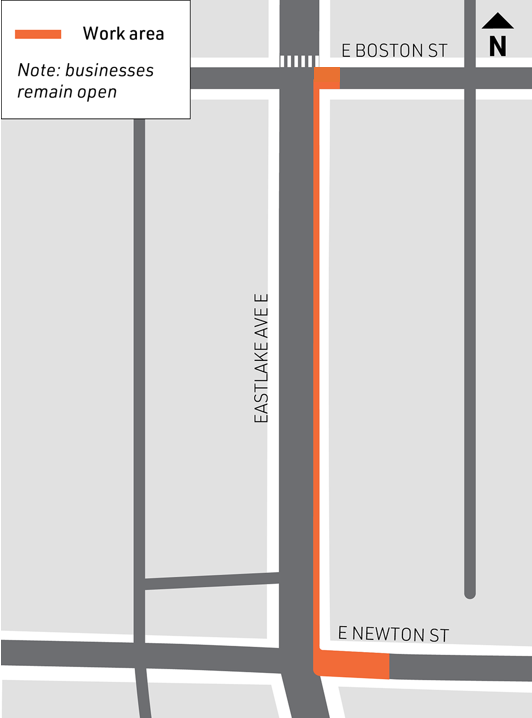 Map showing road closures a E Boston St