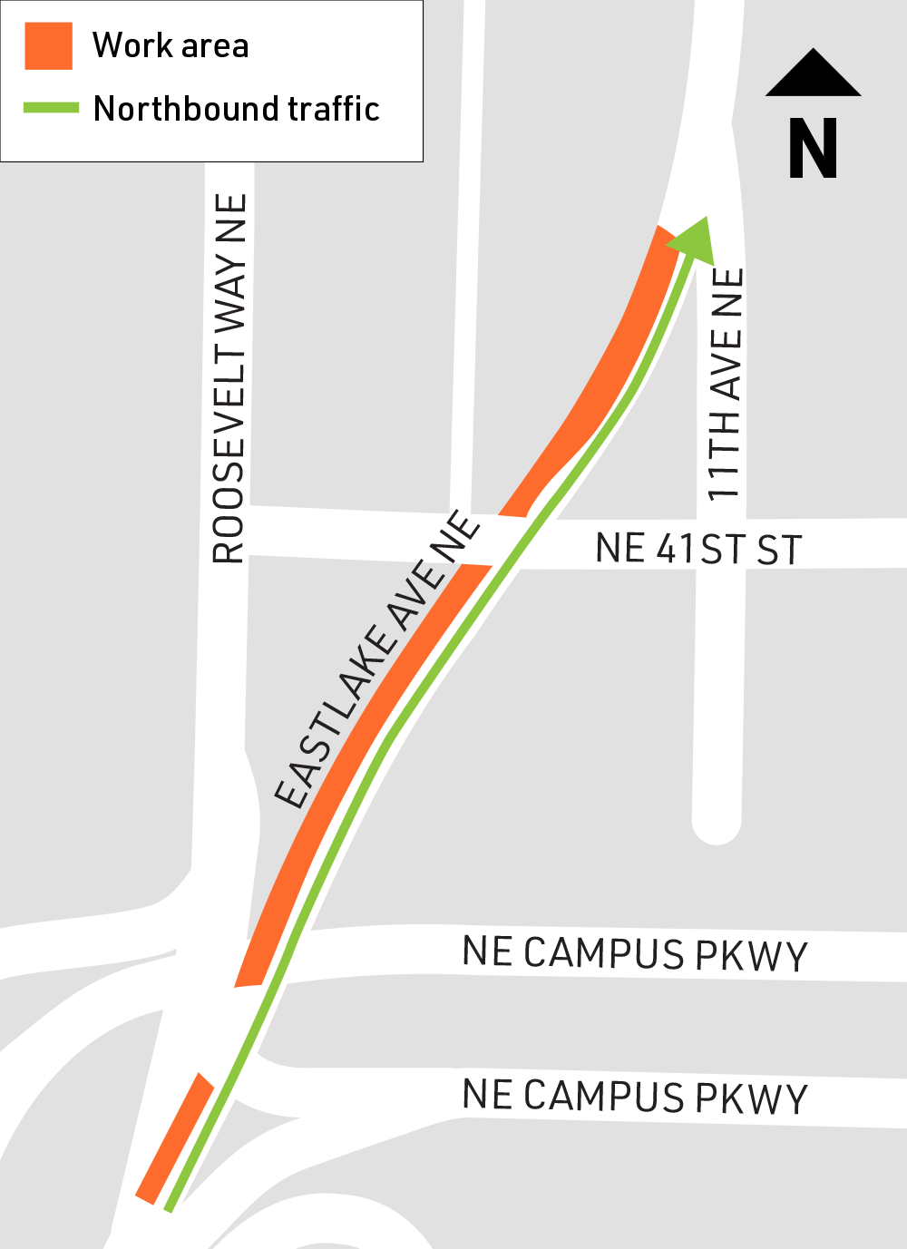 Map shows areas of work just north of the University Bridge