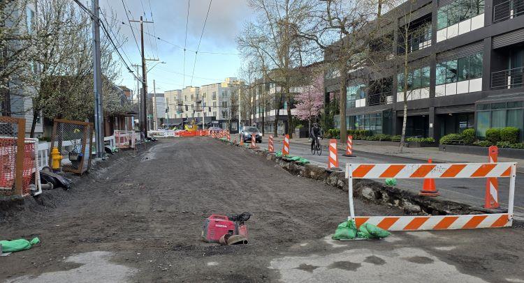 Image shows a section of Eastlake Ave E near E Hamlin St with the roadway prepared for concrete pours.