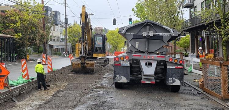 Image shows the work to replace the road surface on Eastlake Ave E