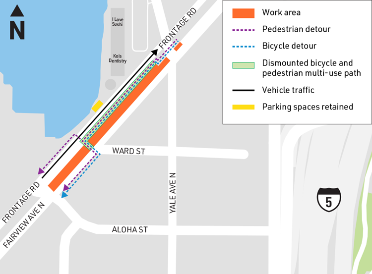 Map shows pedestrian and cyclist detour from Fairview Ave E