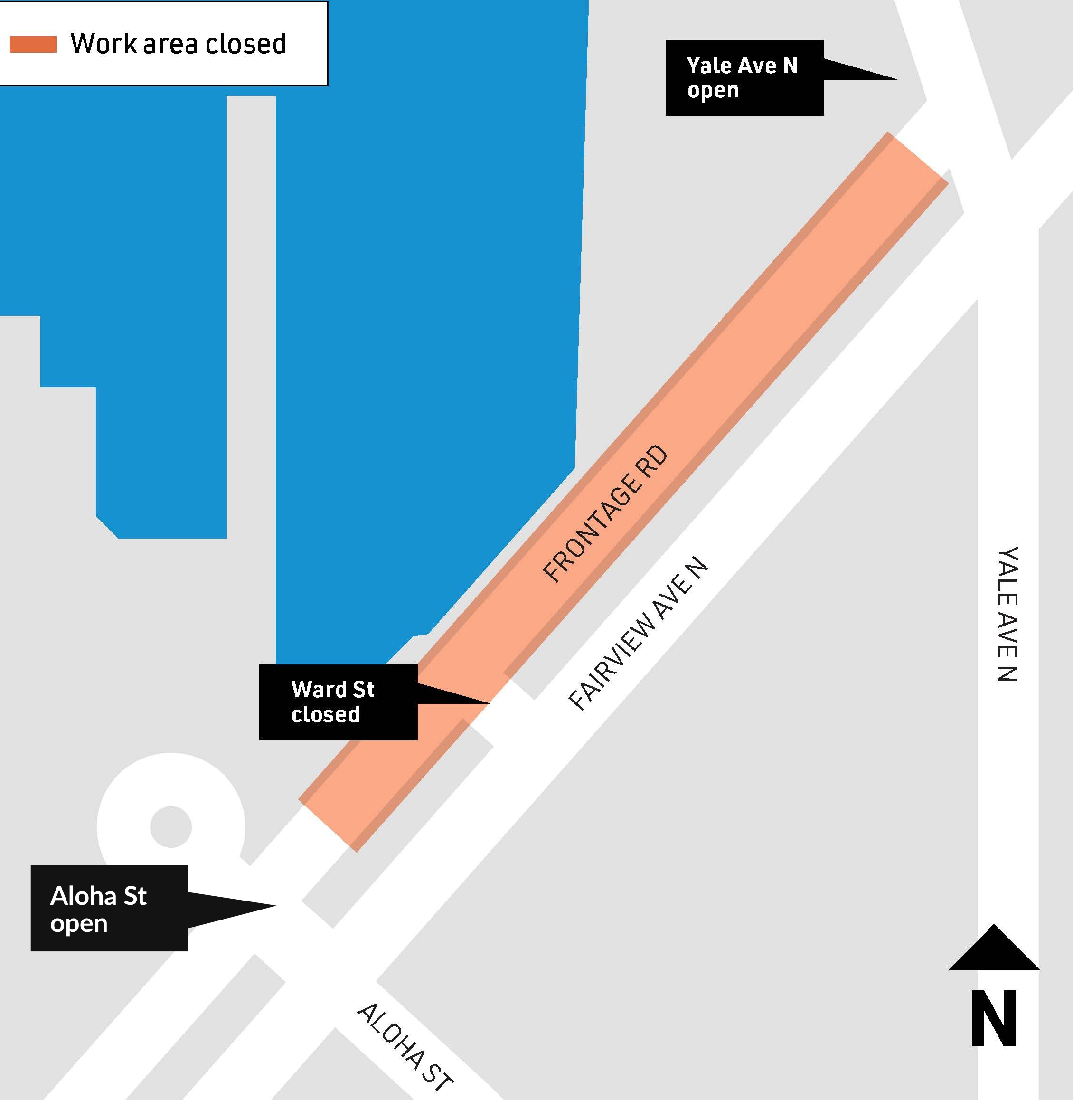 Map showing closure area on frontage road near Fairview Ave