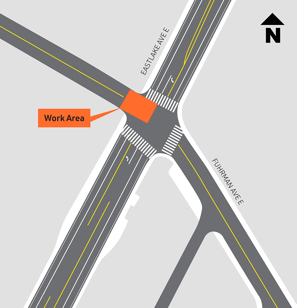 Map shows work area west side of Eastlake Ave E at Fuhrman Ave E
