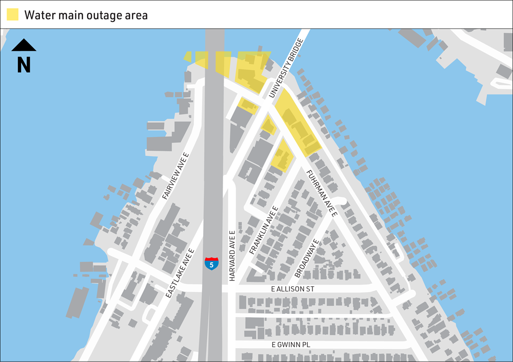 Map shows water shut off map south of University Bridge