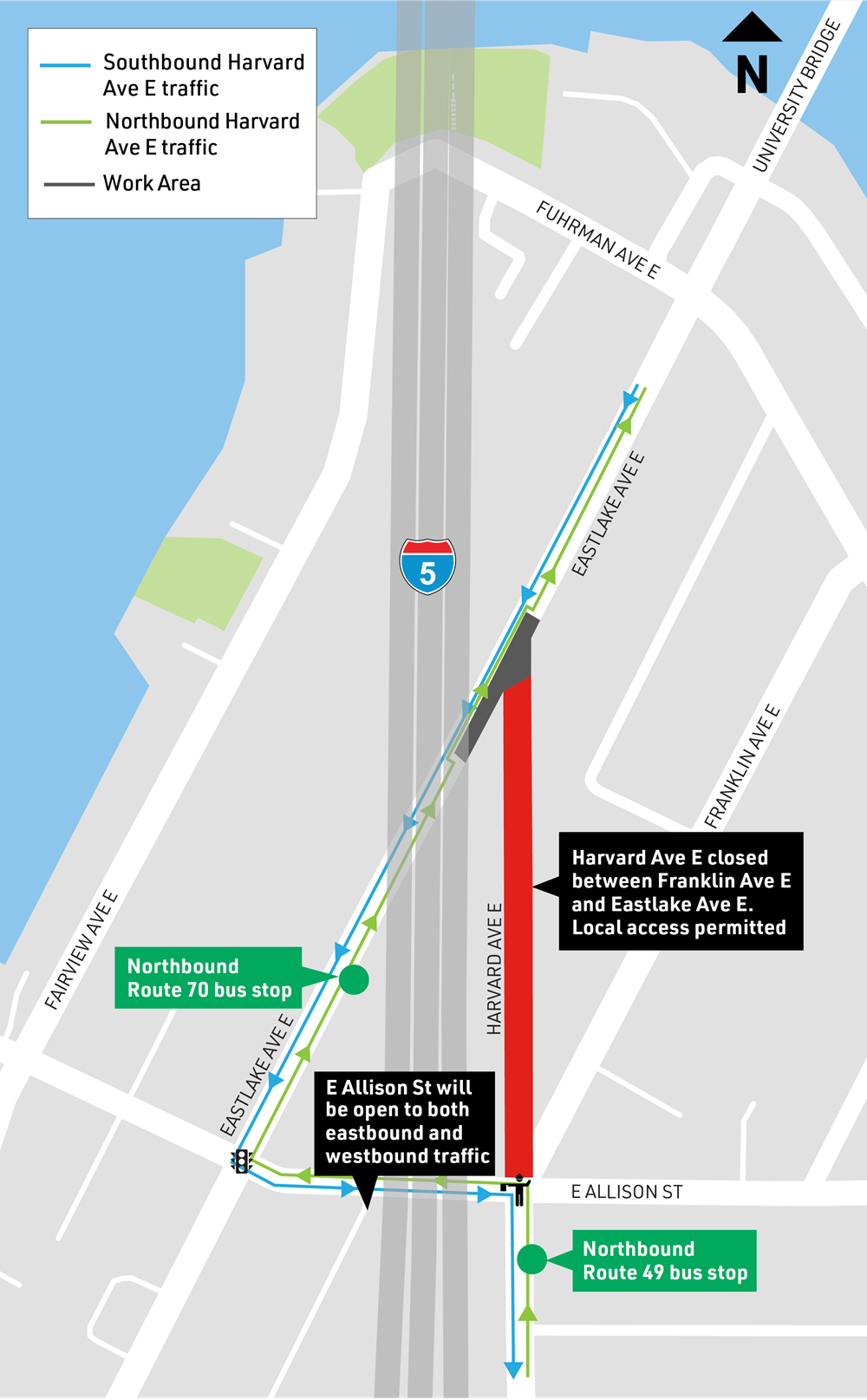 Map showing closure at Harvard Ave E