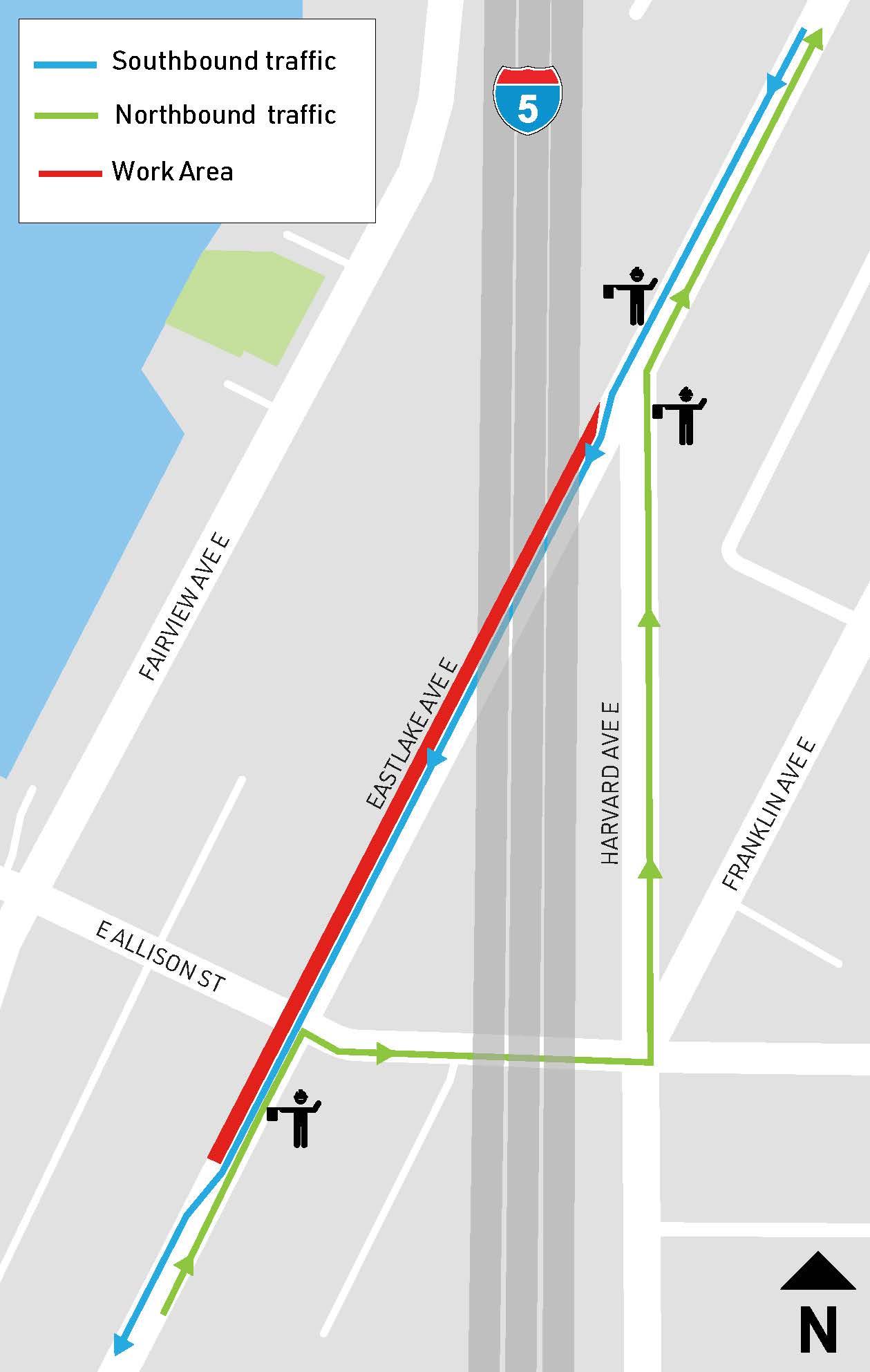 Map shows detour from Eastlake Ave E onto E Allison St