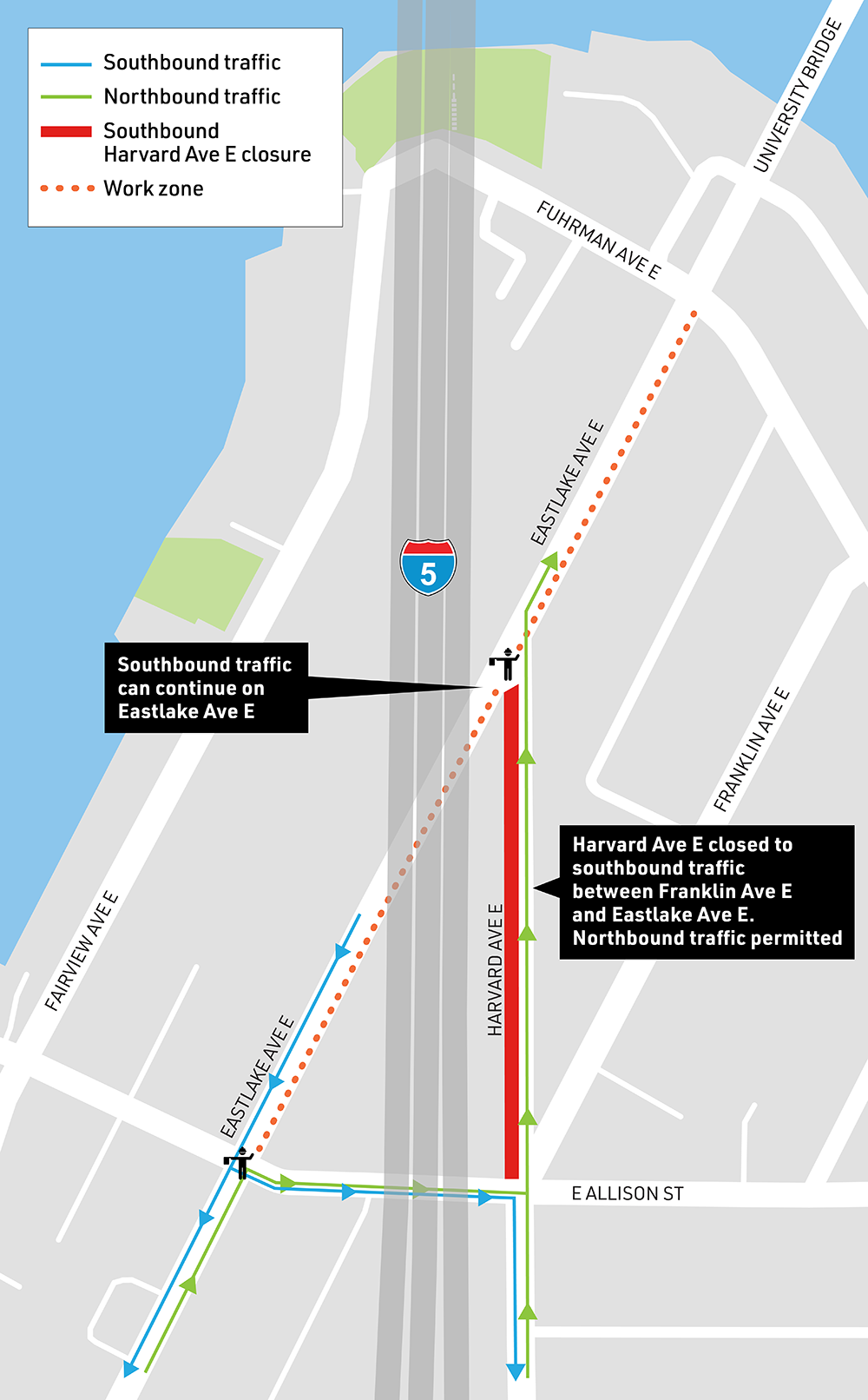 Map showing Southbound road closure at Harvard. 