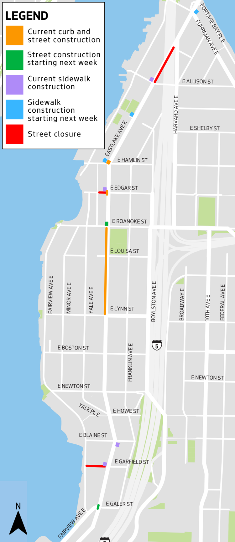 Map shows the various work zones along Eastlake Ave E 