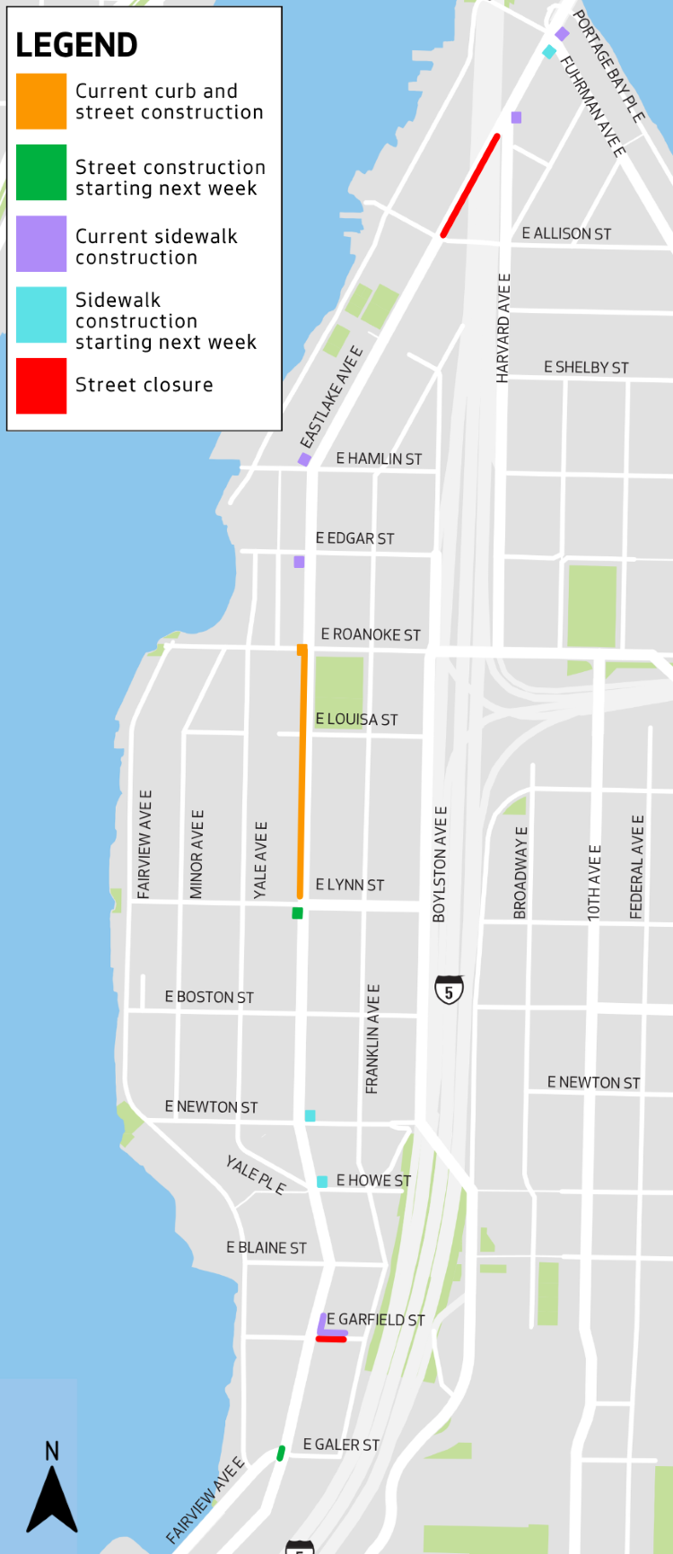 Map shows the various work zones along Eastlake Ave E 