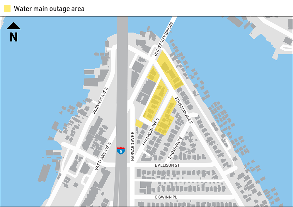 Map shows water shut off map south of University Bridge