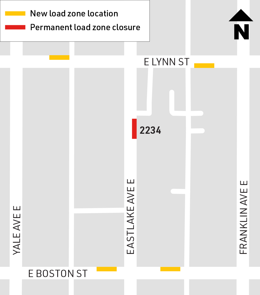 Map showing load zone closure and relocations at Eastlake Ave E and E Lynn St