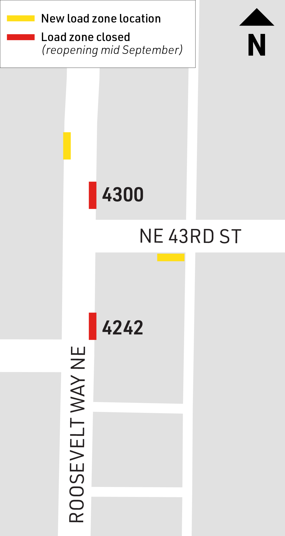 Map showing load zone closures and relocations at Roosevelt Way NE and NE 43rd St