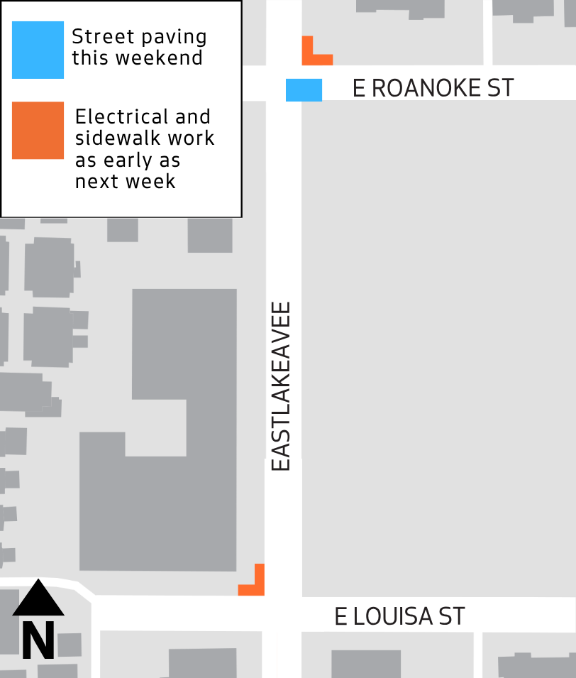 Map showing where we will work at E Louisa St and E Roanoke St intersections. 
