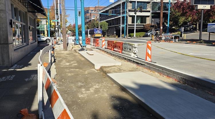Image shows the area near E Lynn St where we are constructing a new bus station and upgrading sidewalks
