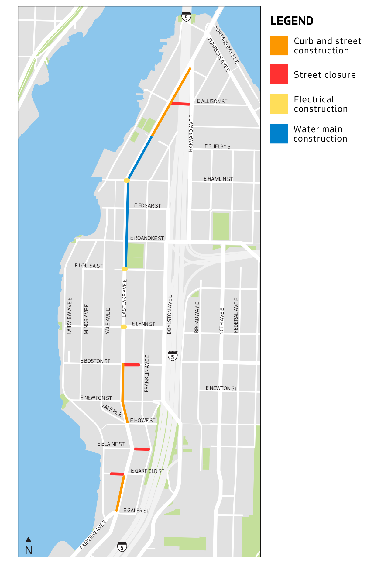 Map of construction work along Eastlake Ave E