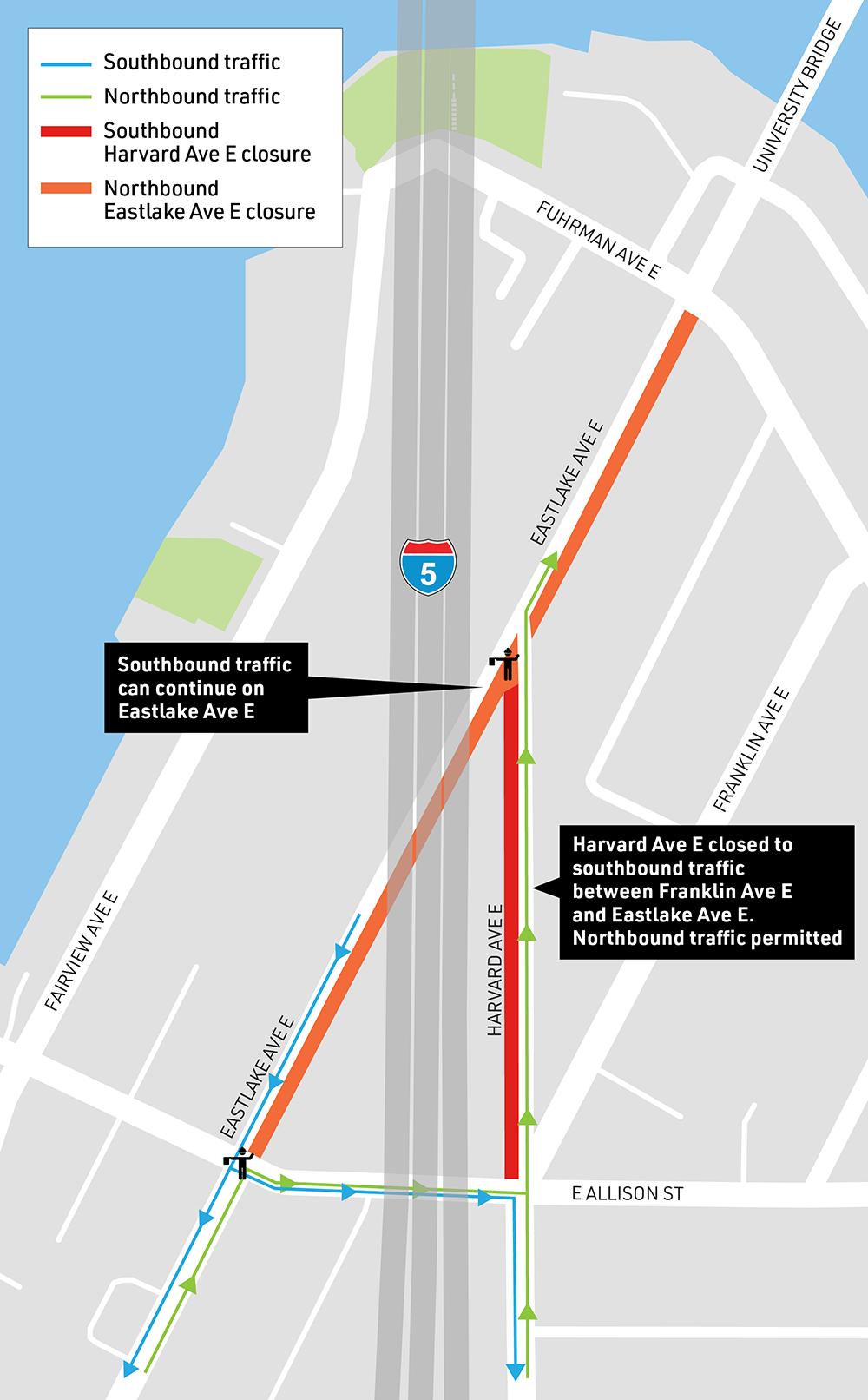 Map shows southbound closure on Harvard