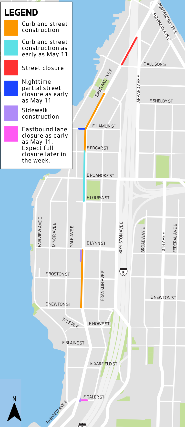 Map shows the areas along Eastlake Ave E where construction is happening.  The three main areas at between Harvard Ave E and E Allison St; E Shelby St and E Edgar St, and finally between E Lynn St and E Galer St. 