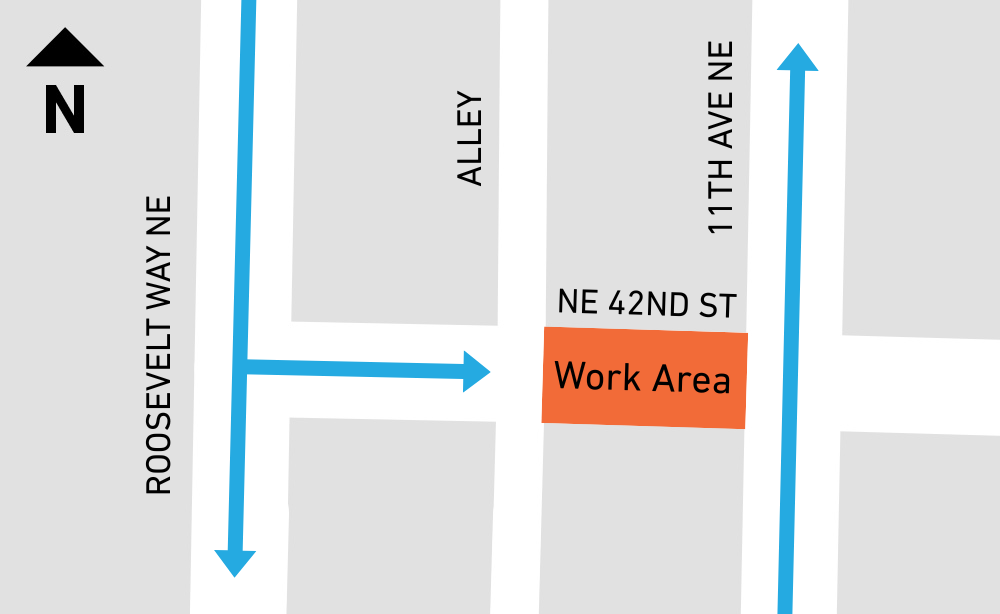 Map shows NE 42 closed at 11th Ave NE 