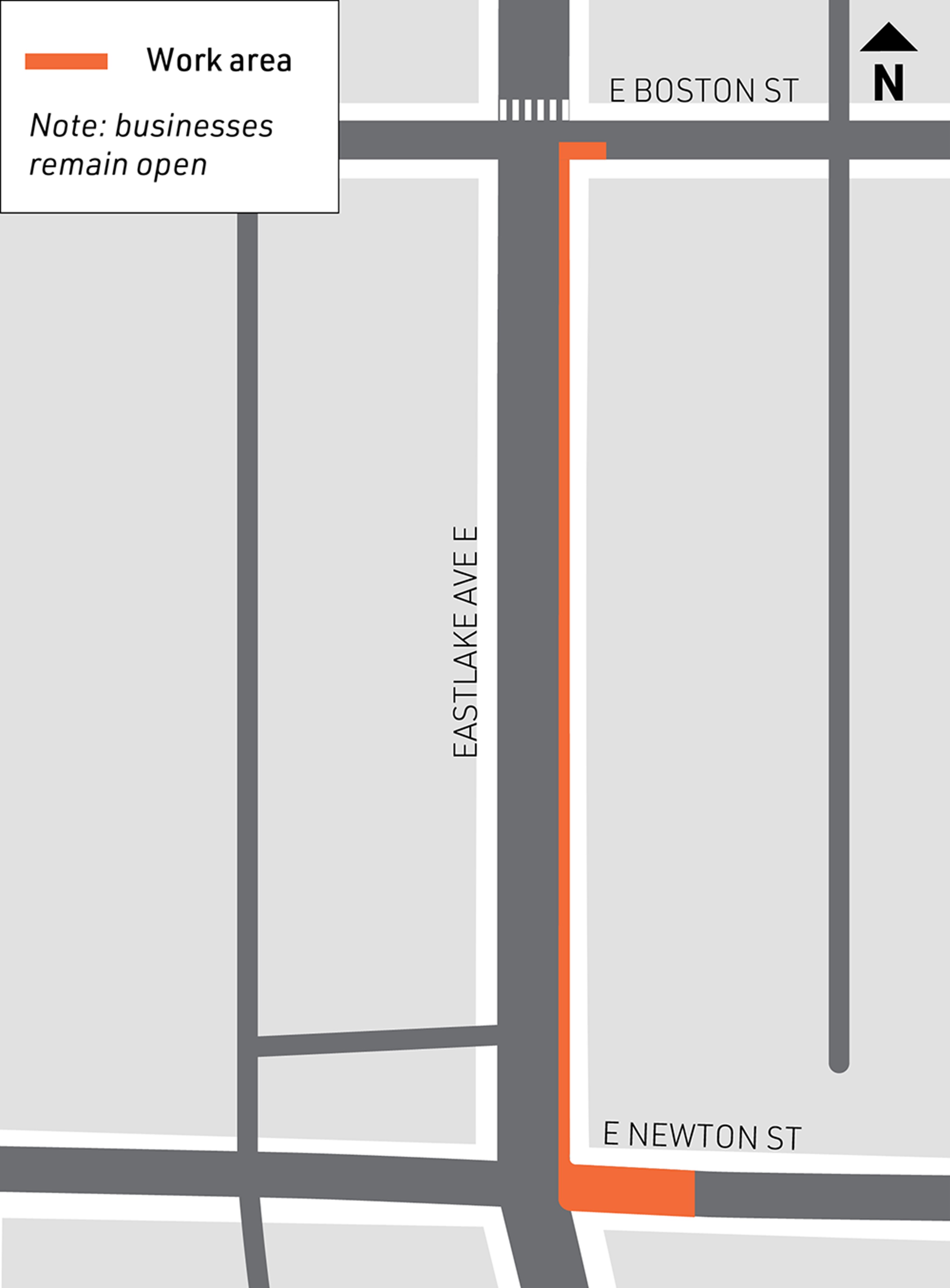 Map showing closure areas at E Newton St and E Boston St at Eastlake Ave 