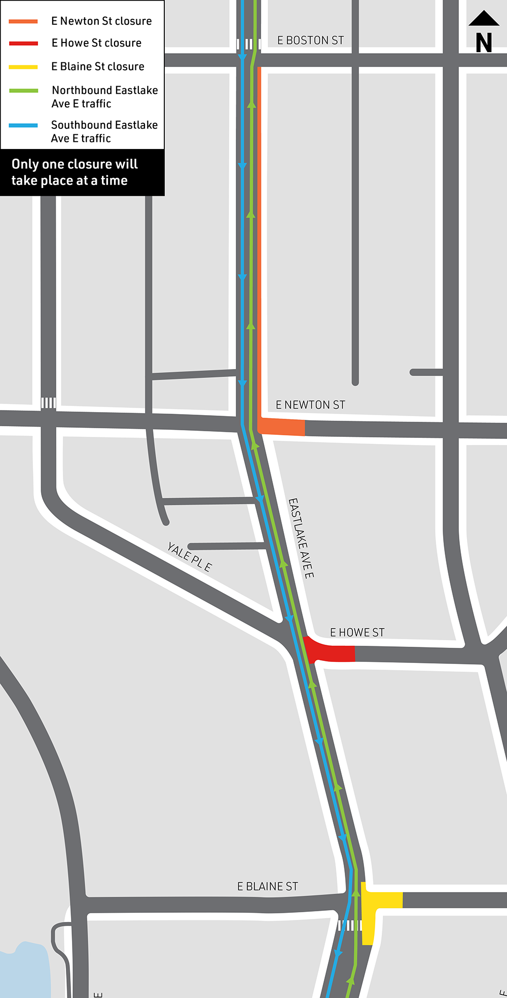 Map shows that the intersections of Eastlake Ave E and Blaine, Howe, Newton Streets will be closed in the coming weeks  and 