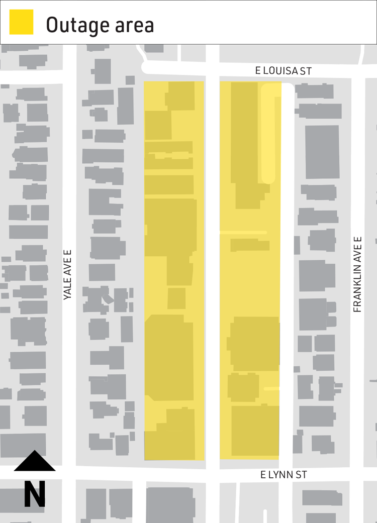 Map shows water outage area on Eastlake Ave E between E Lynn St and E Louisa St