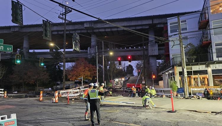 The team pour concrete at E Allison St and Eastlake Ave E in the early morning to avoid traffic conflicts during busier times