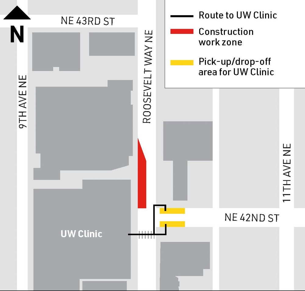 Map showing new pick up and drop off areas for UW Clinic on NE 42nd St