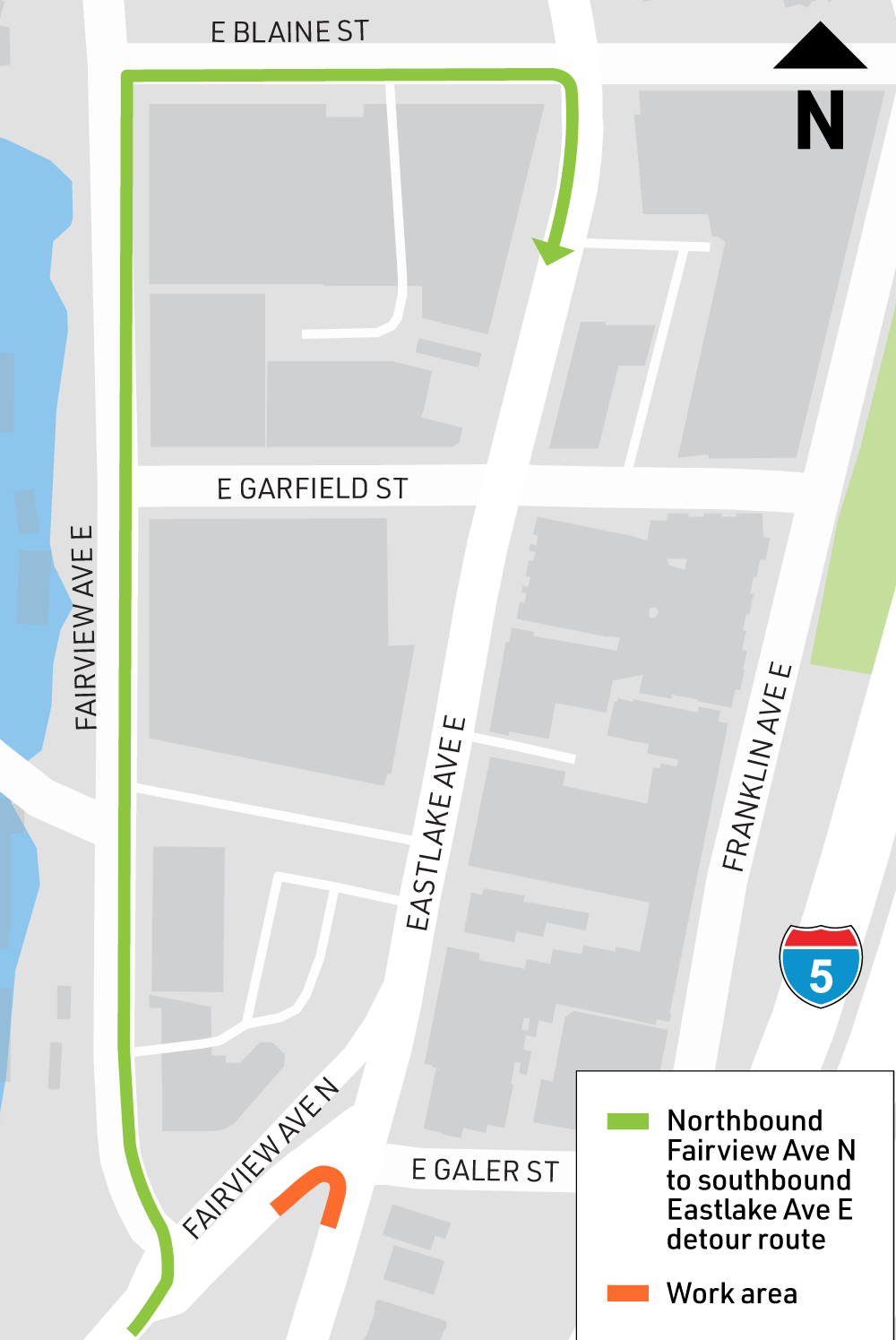 Map shows that people travelling northbound on Fairview Ave N will not be able to make a right turn onto Eastlake Ave E