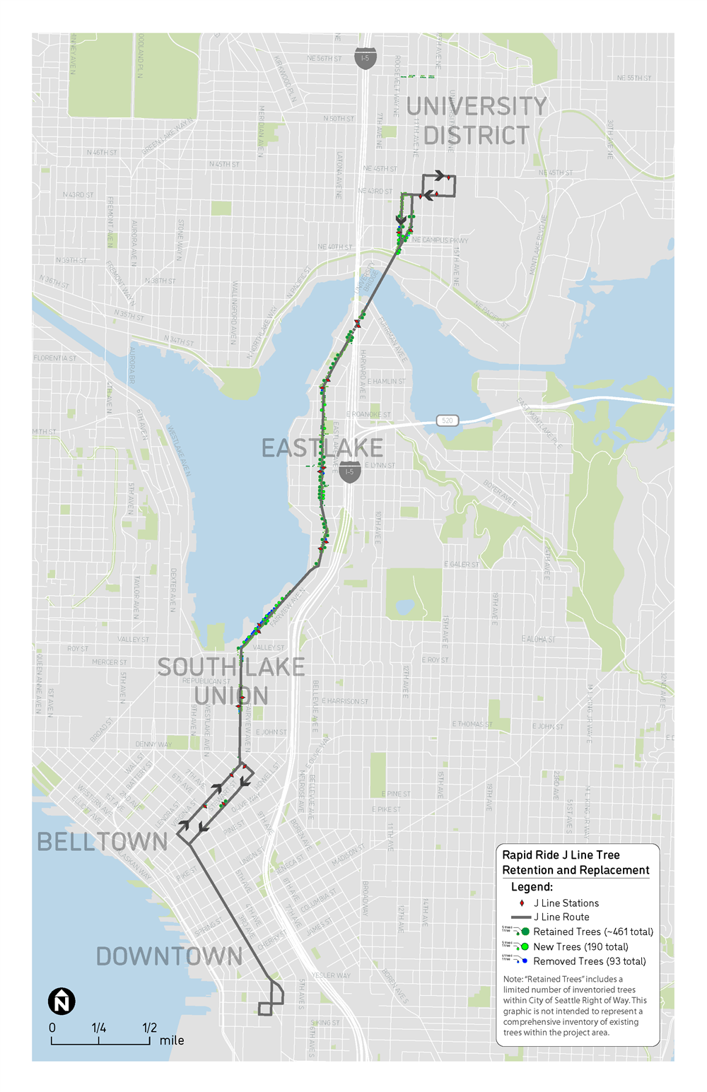 Image shows map of where trees will be remove or planted throughout the project