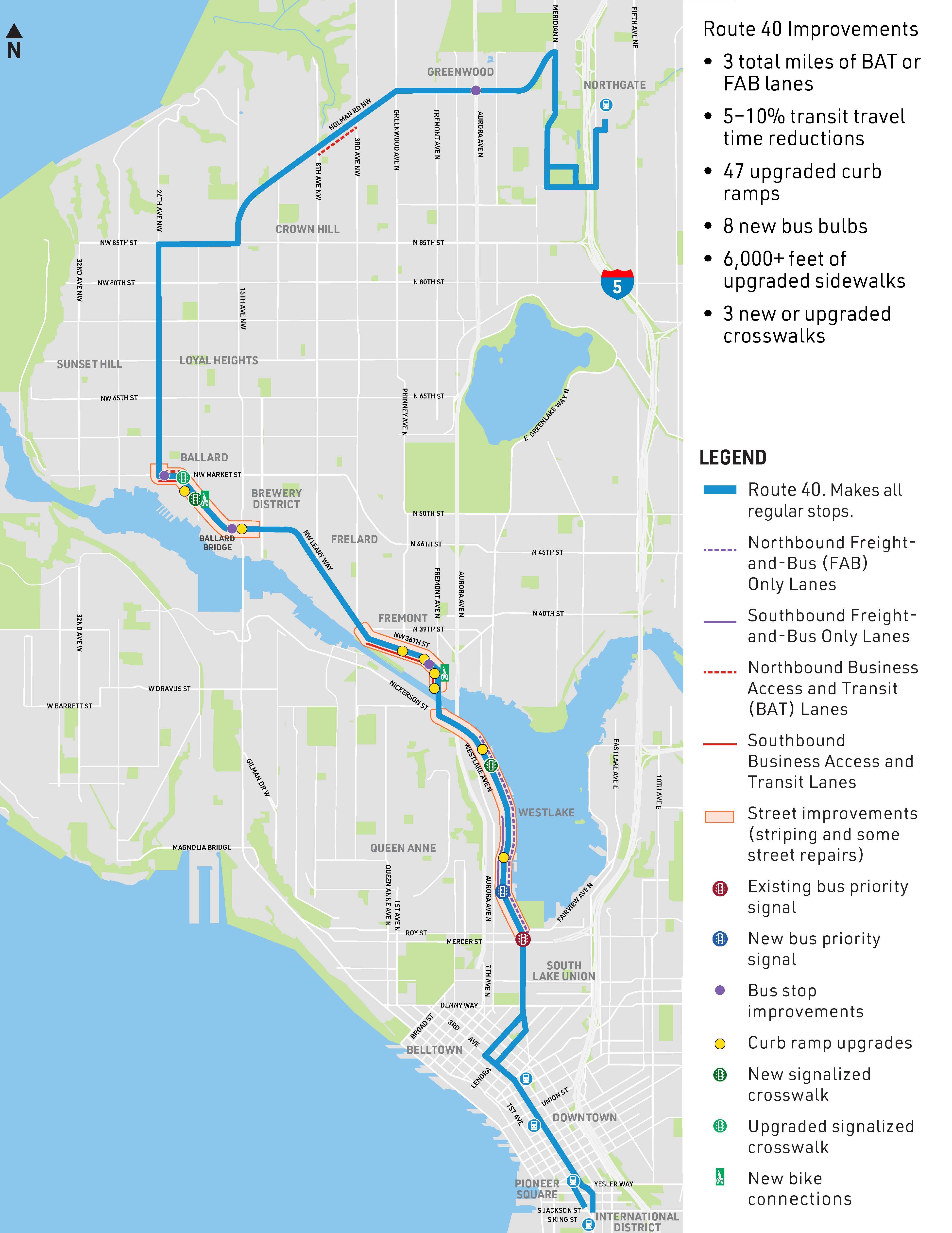 Map of Route 40, starting in Northgate, going through Ballard, Fremont, Westlake, and Downtown 