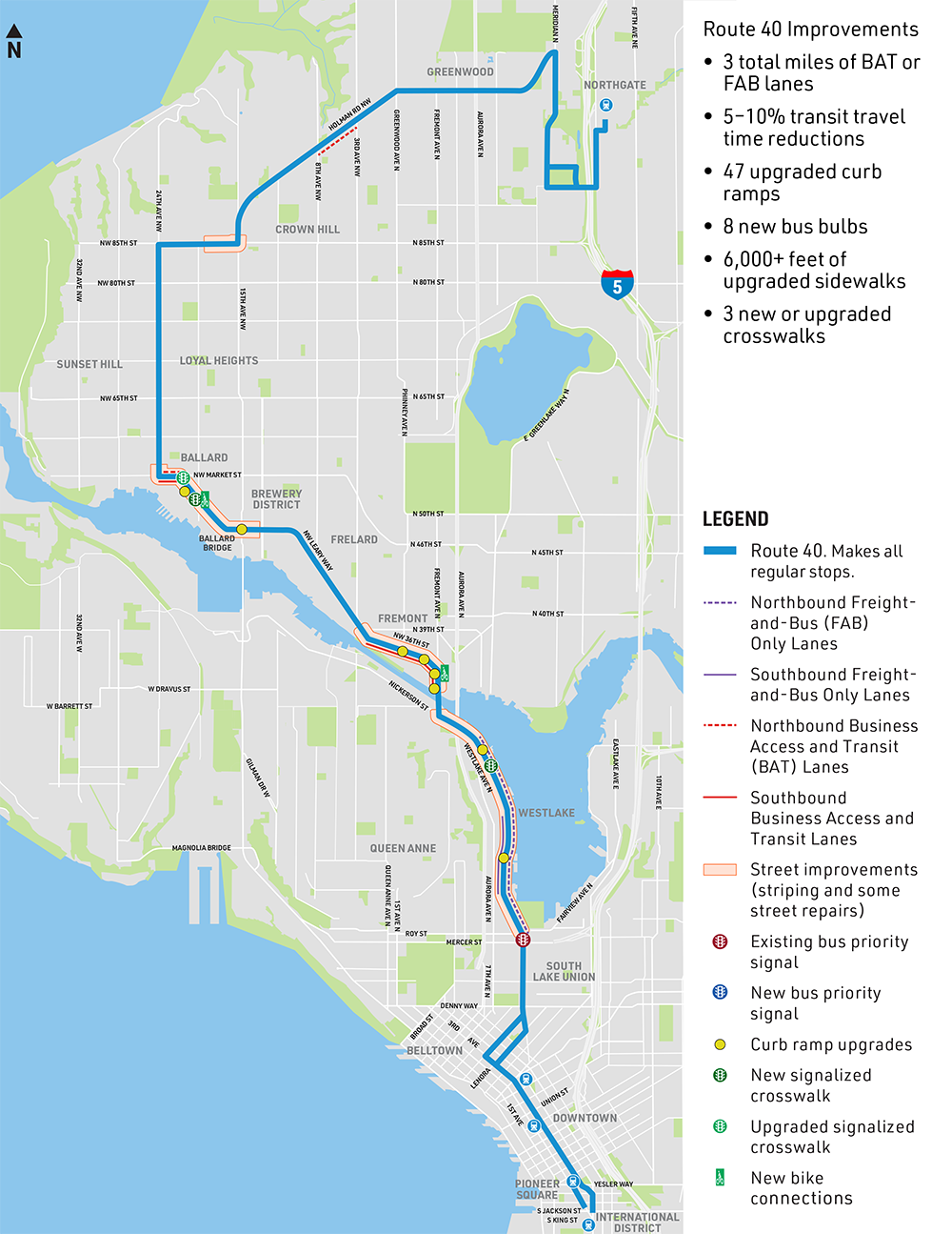Map of Route 40, starting in Northgate, going through Ballard, Fremont, Westlake, and Downtown 