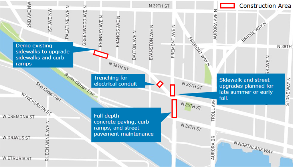A map of the Fremont neighborhood shows where construction is planned in the upcoming weeks.   
