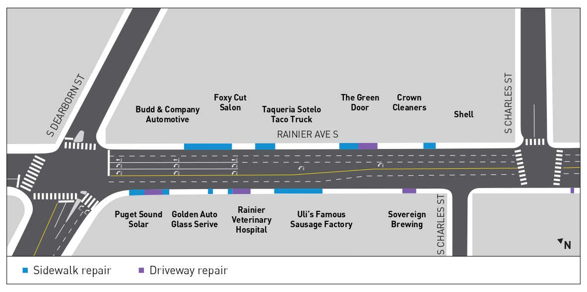 Ang mapa na nagpapakita ng lokasyon ng mga bagong curb ramp, mga pag-aayos ng bangketa, at mga pag-aayos ng mga driveway sa Rainier Ave S sa pagitan ng South Dearborn Street at South Charles Street