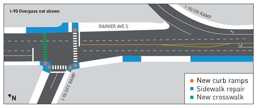 Khariidad muujinaysa meesha dalcada jidka geeskeeda cusub, dayactirka laamiga, iyo jid-goynta cusub ee Rainier Ave South ee I-90 off ramp.