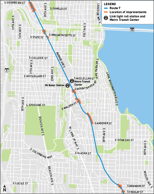 Bản đồ đường phố hiển thị vị trí của các cải tiến dọc theo Tuyến Đường Xe Buýt Số 7, từ đường South Dearborn Street đến đường South Findlay Street