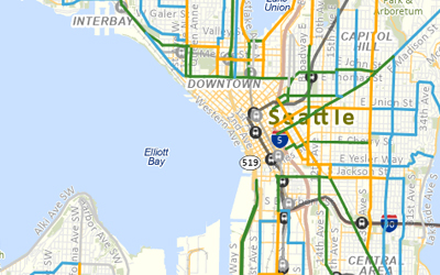 Close up of an interactive map element showing the Frequent Transit Network routes