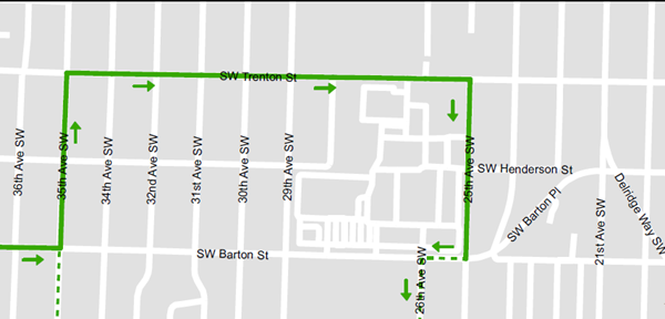 Map of the RapidRide C detour shown with solid green lines and arrows, moving onto 35th Avenue&nbsp;