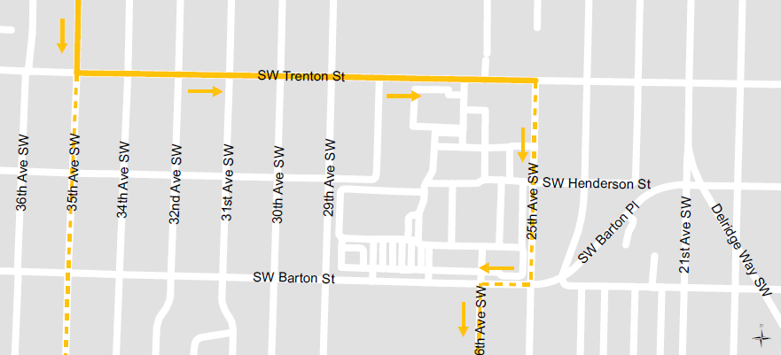 Khariidadda leexashada ku-meelgaarka ah ee baska Route 21 oo leh xariijimo jaalle ah oo joogto ah iyo fallaadhyo, oo u socda koonfur 35th Ave SW, ka dibna u leexanaya bari SW Trenton St, kadibna mar kale u leexanaya koonfur 25th Ave SW.