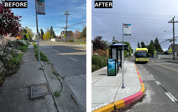 A before and after showing an added bus shelter and curb bulb for added loading room at the bus stop