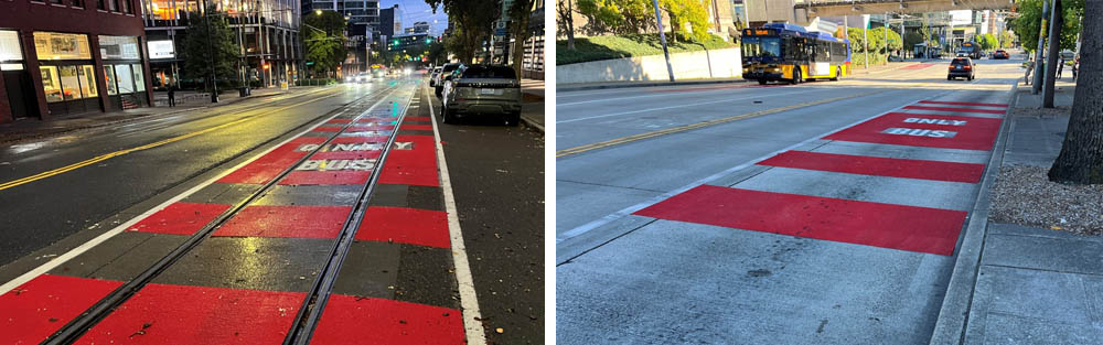 Examples of refreshed red bus lanes.
