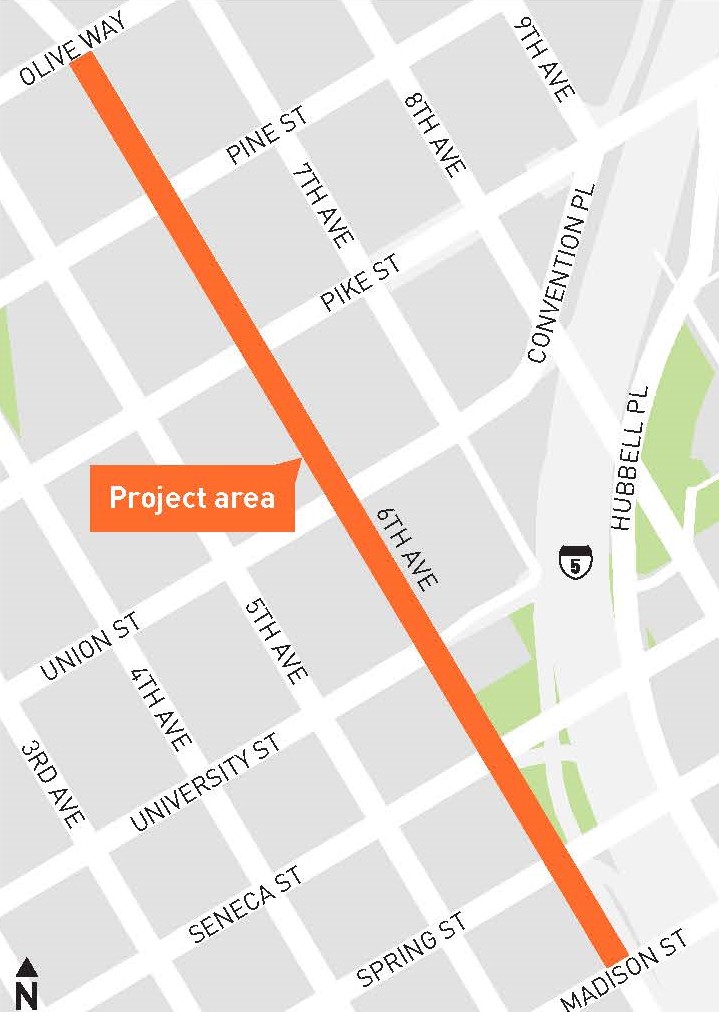 This map depicts the project area on 6th Avenue, between Olive Way and Madison St