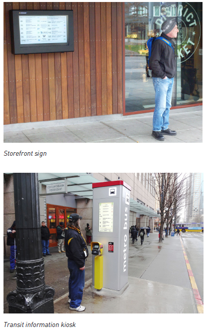 Real-time information signs outside a storefront