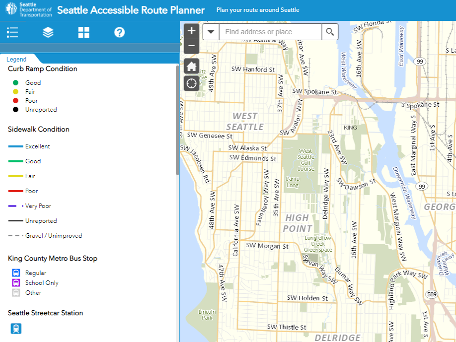 A preview of the Seattle Accessible Route Planner. The image highlights the West Seattle area in particular and shows the sidewalk conditions of the area.