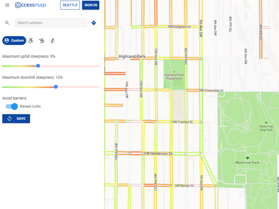 A map showing the elevations and slope around the Highland Park area